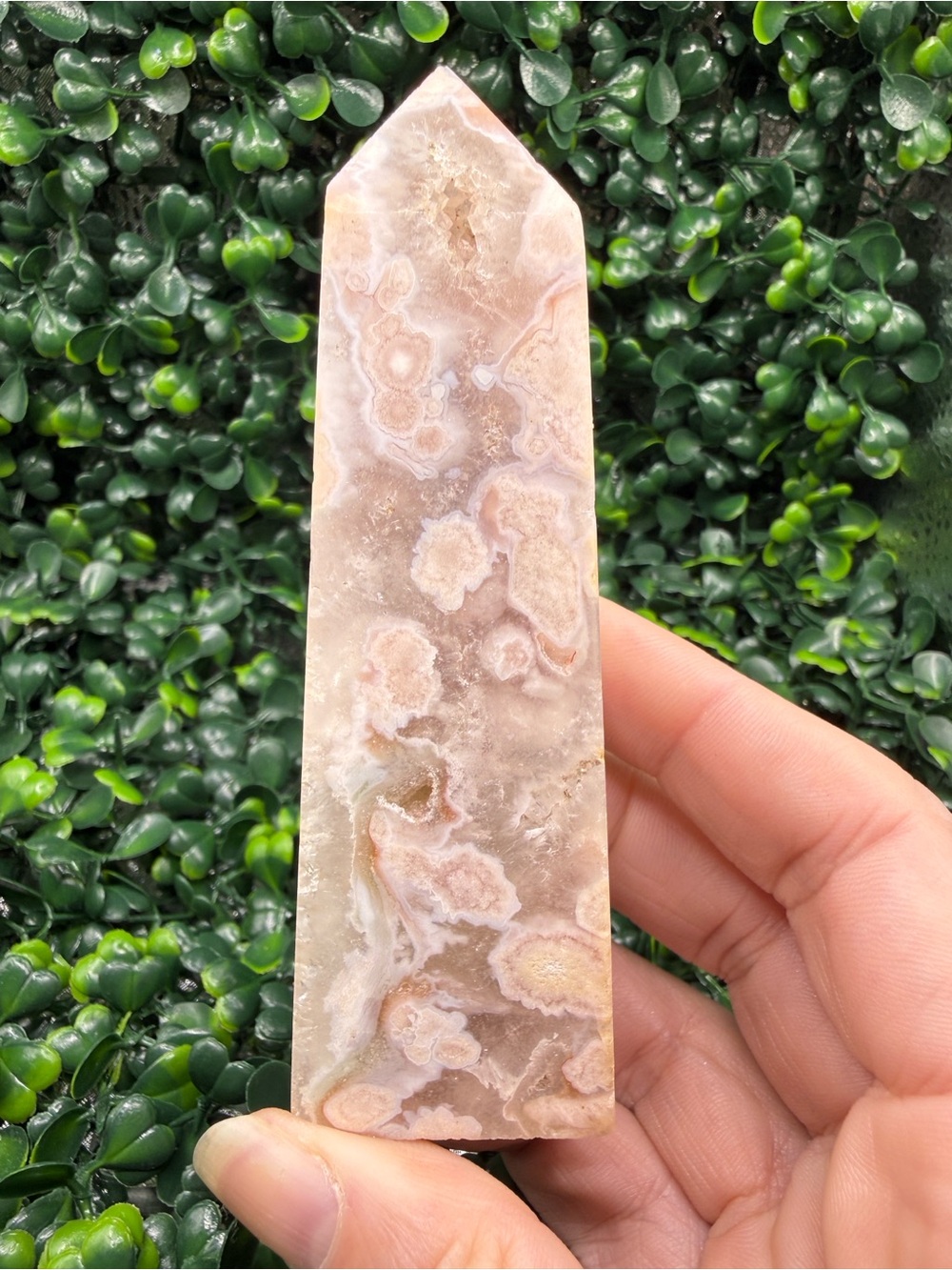 Pink Flower Agate Obelisk/Tower with Druzys